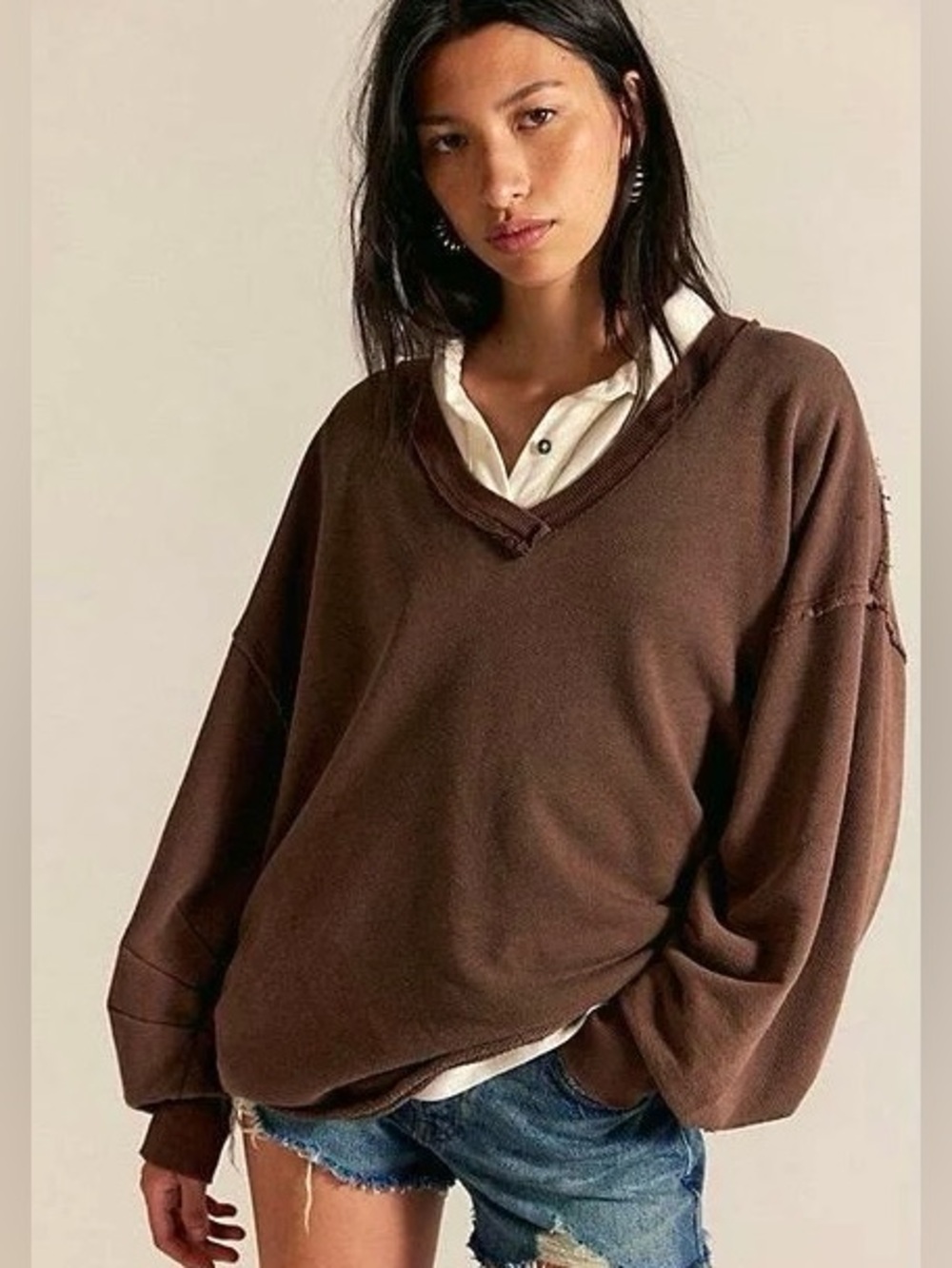 NEW Free People x We The Free Venice V-Neck Sweatshirt in Brown